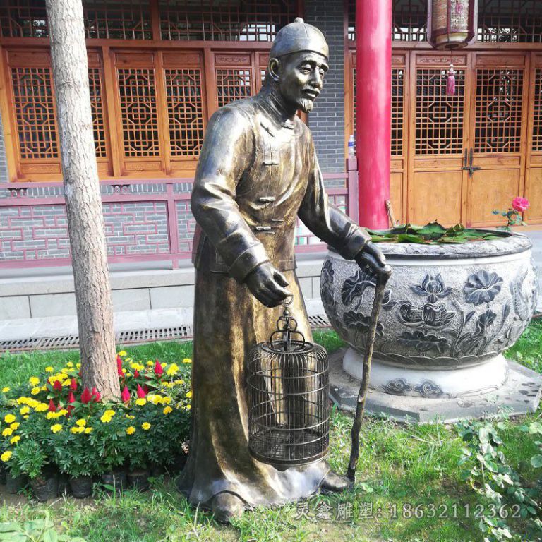 遛鸟人物景观铜雕